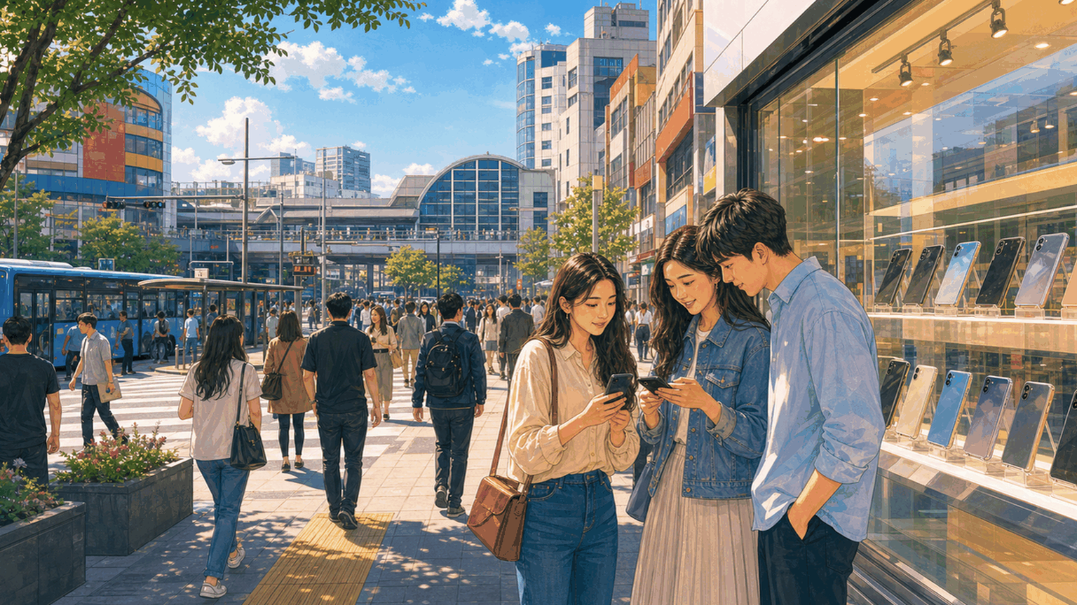 Realistic camera photo, wide horizontal 16:9. A normal South Korean street in 전남 목포시·여수시. Small mobile phone stores, glass storefronts, smartphone displays, people walking naturally, two people looking at phones, crosswalk, trees, daylight, realistic colors. Shop signs are blurred and unreadable.