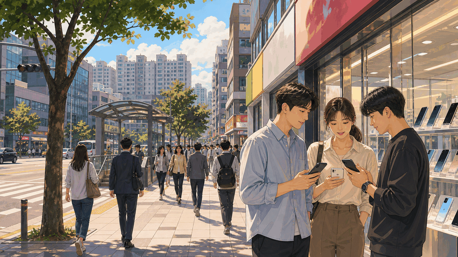 Realistic camera photo, wide horizontal 16:9. A normal South Korean street in 충북 청주시·충주시. Small mobile phone stores, glass storefronts, smartphone displays, people walking naturally, two people looking at phones, crosswalk, trees, daylight, realistic colors. Shop signs are blurred and unreadable.