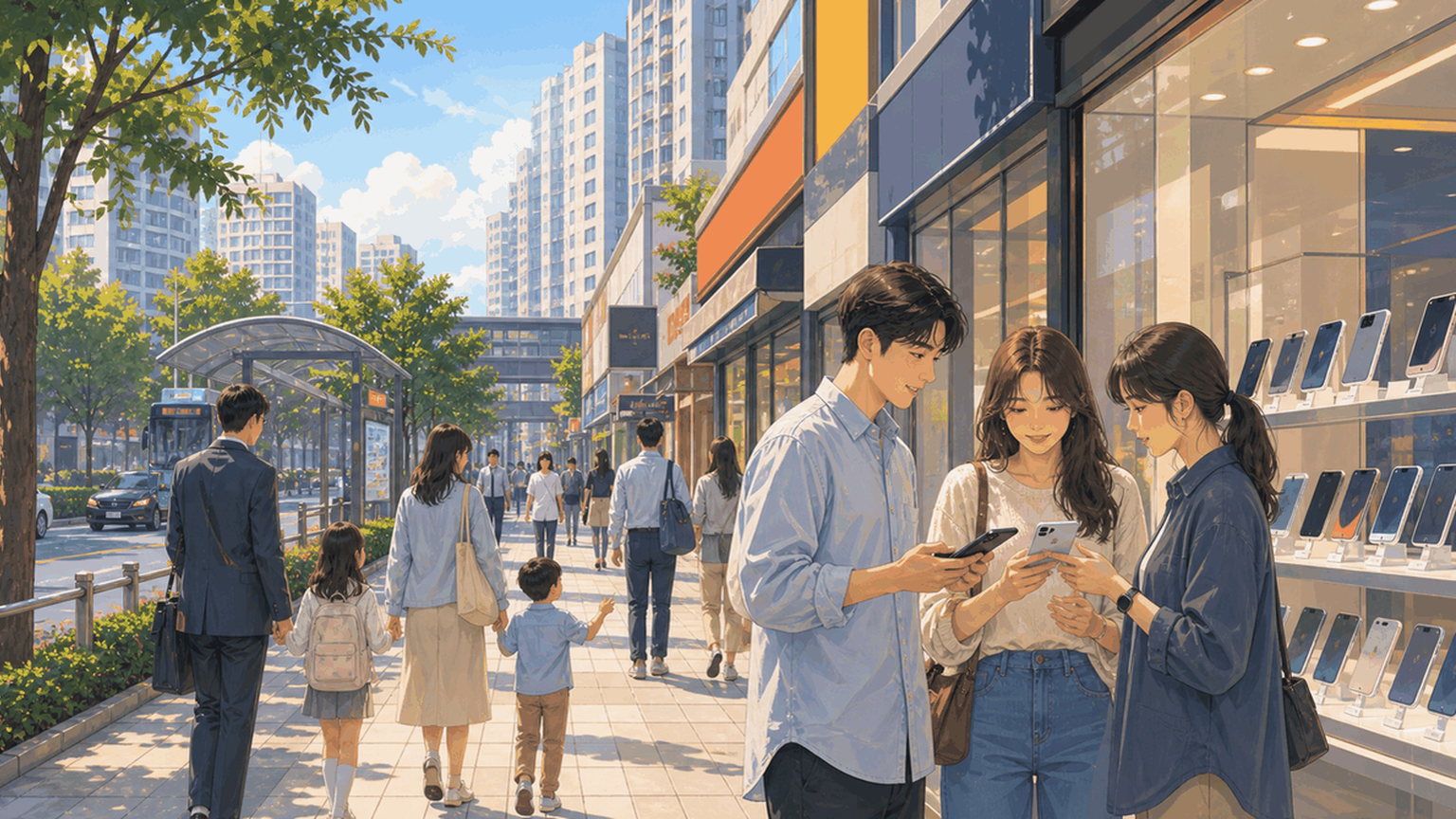 Realistic camera photo, wide horizontal 16:9. A normal South Korean street in 강원 춘천시·원주시. Small mobile phone stores, glass storefronts, smartphone displays, people walking naturally, two people looking at phones, crosswalk, trees, daylight, realistic colors. Shop signs are blurred and unreadable.