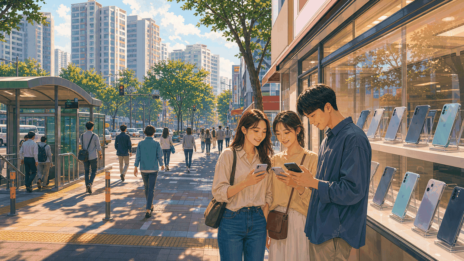Realistic camera photo, wide horizontal 16:9. A normal South Korean street in 경북 포항시·구미시. Small mobile phone stores, glass storefronts, smartphone displays, people walking naturally, two people looking at phones, crosswalk, trees, daylight, realistic colors. Shop signs are blurred and unreadable.