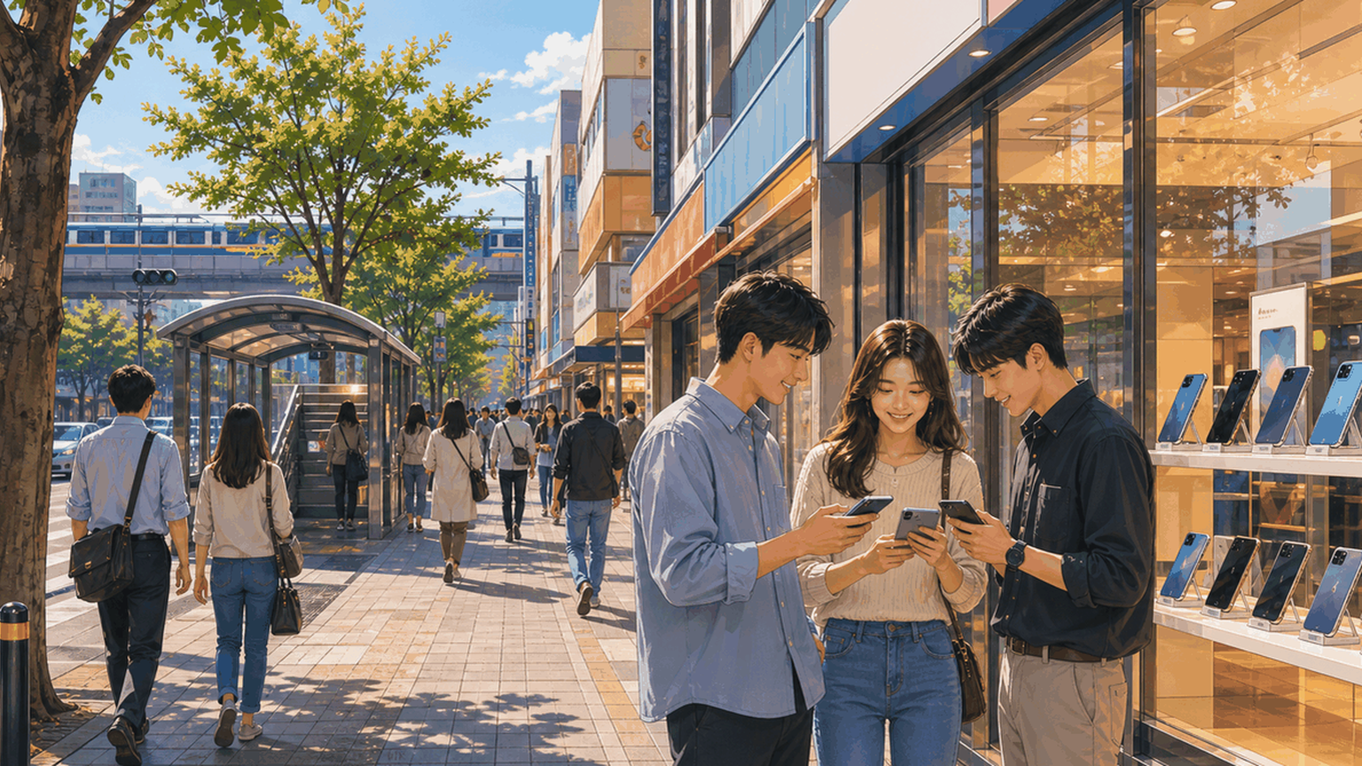 Realistic camera photo, wide horizontal 16:9. A normal South Korean street in 대전 중구·서구. Small mobile phone stores, glass storefronts, smartphone displays, people walking naturally, two people looking at phones, crosswalk, trees, daylight, realistic colors. Shop signs are blurred and unreadable.
