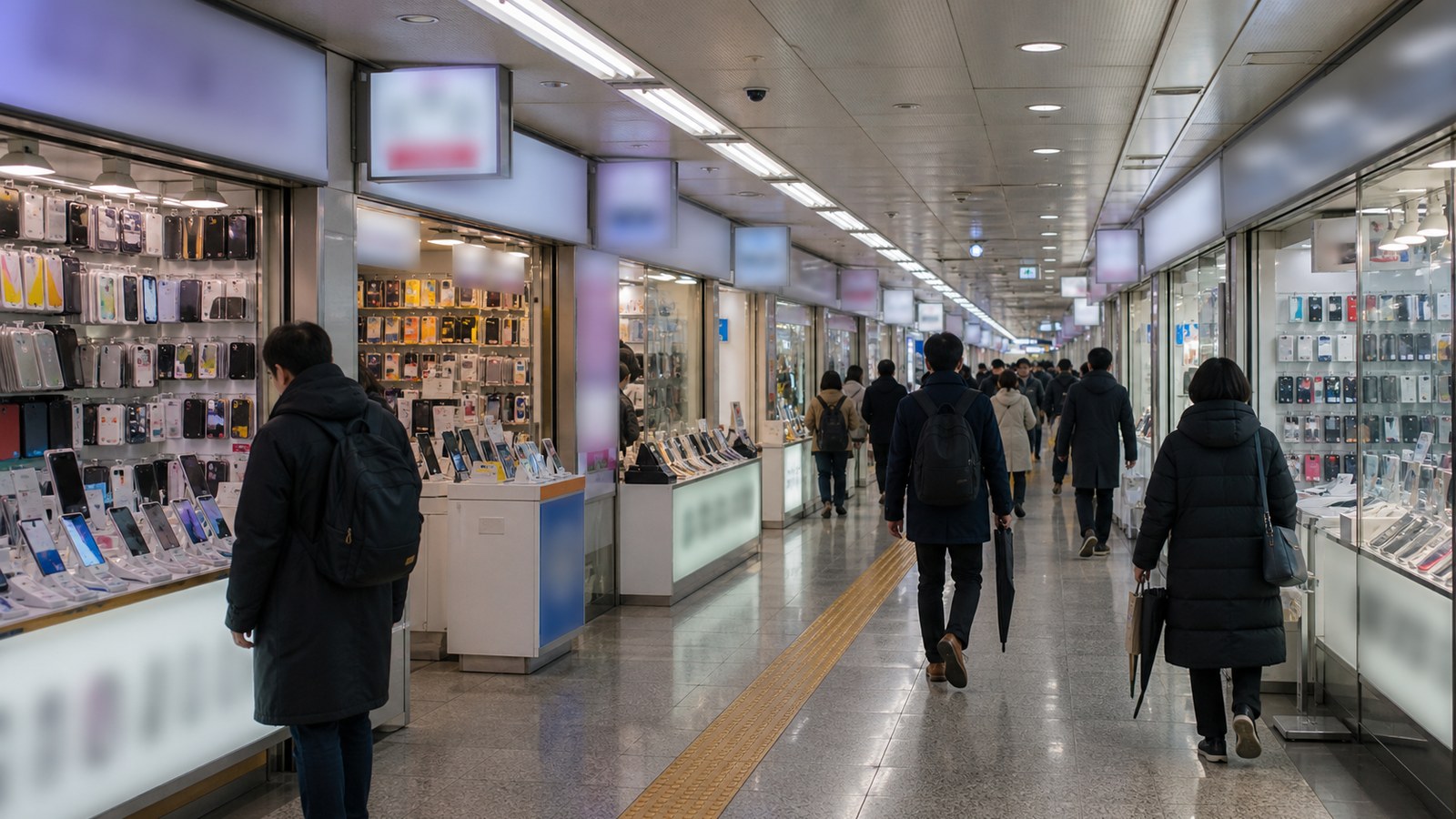노원역 문화의거리 보행로를 따라 상가 간판이 이어진 평일 풍경, 노원역 휴대폰 매장가