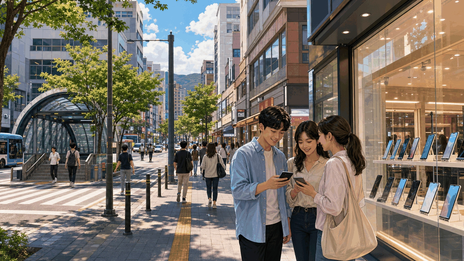 대구 휴대폰 매장이 모여 있는 거리 풍경