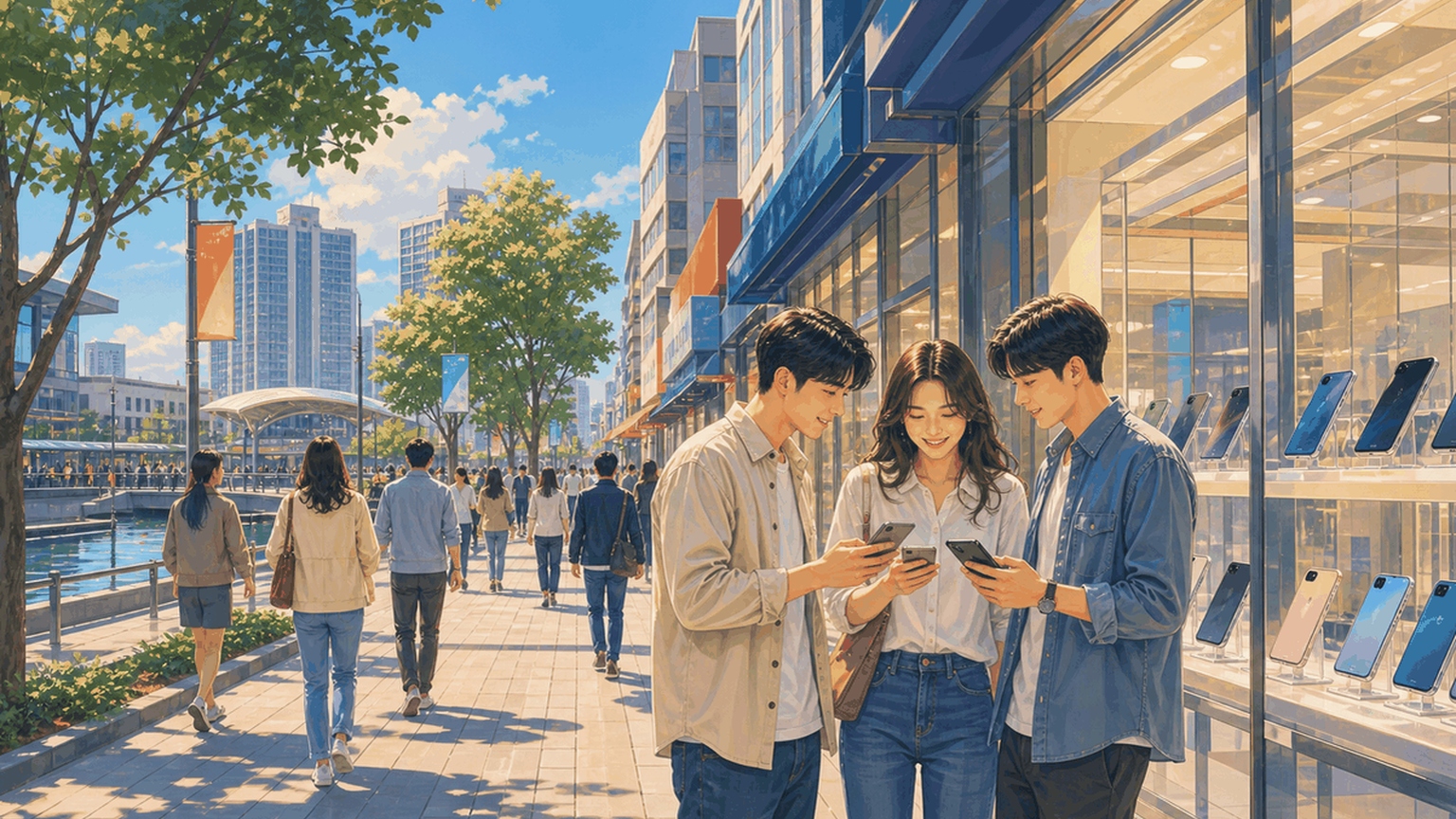 세종 휴대폰 매장이 모여 있는 거리 풍경