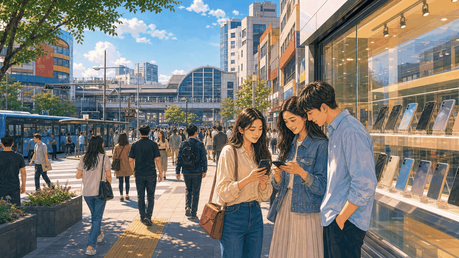 전남 휴대폰 매장이 모여 있는 거리 풍경