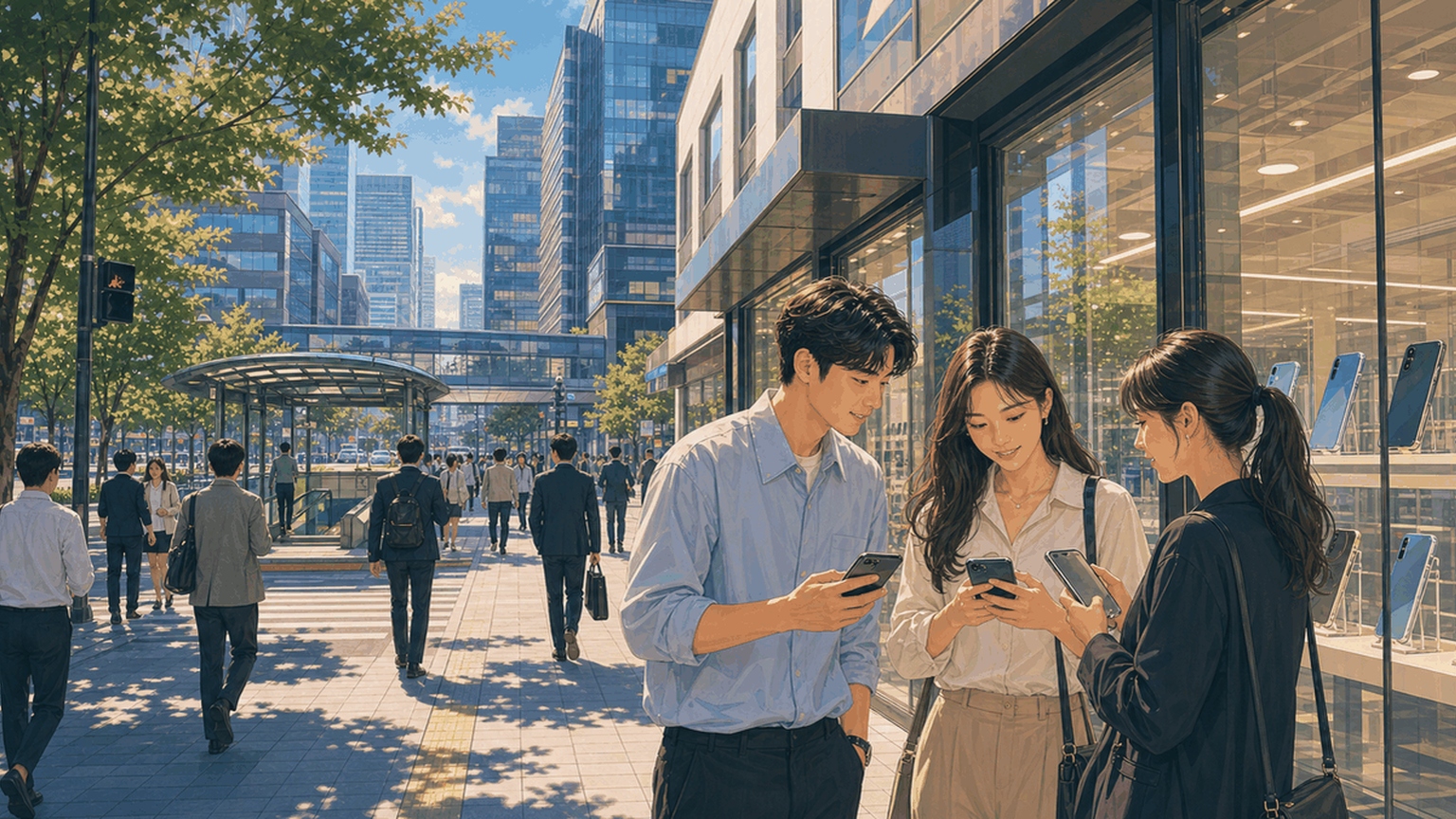 전북 휴대폰 매장이 모여 있는 거리 풍경