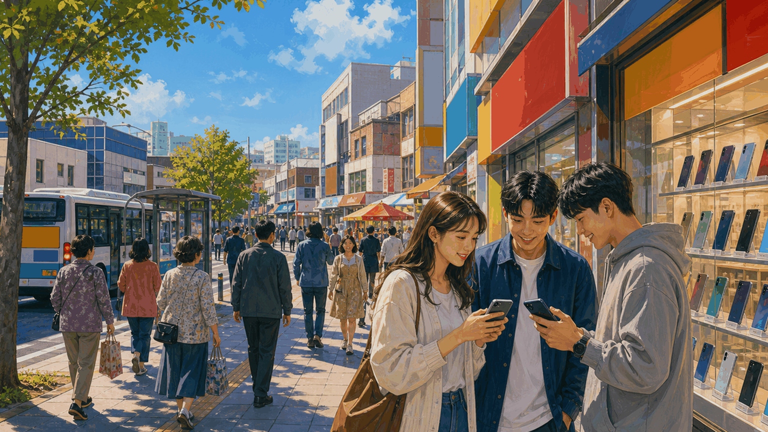 제주 휴대폰 매장이 모여 있는 거리 풍경