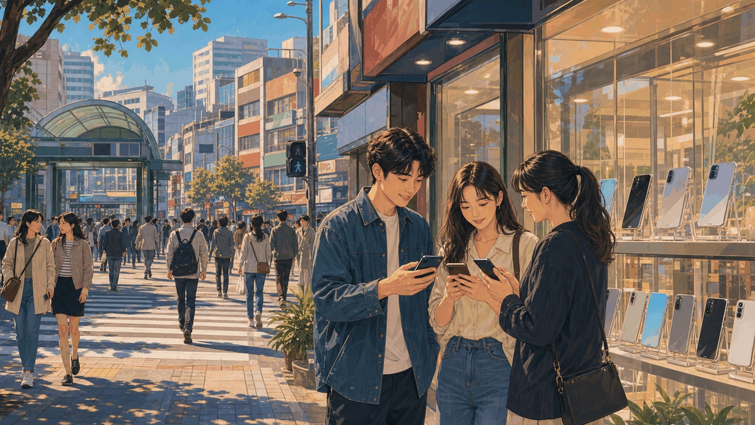충남 휴대폰 매장이 모여 있는 거리 풍경