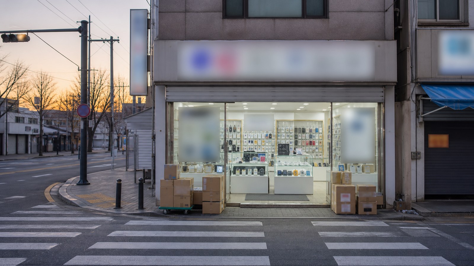 신길역 7호선 출구 앞으로 낮은 상가와 아파트가 이어지는 신길동 거리 풍경, 신길 휴대폰 매장가