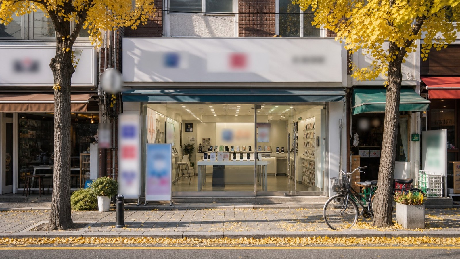 화봉동 화봉시장 입구 사거리에 상가 간판이 이어지는 평일 저녁 거리 풍경, 화봉동 휴대폰 매장가